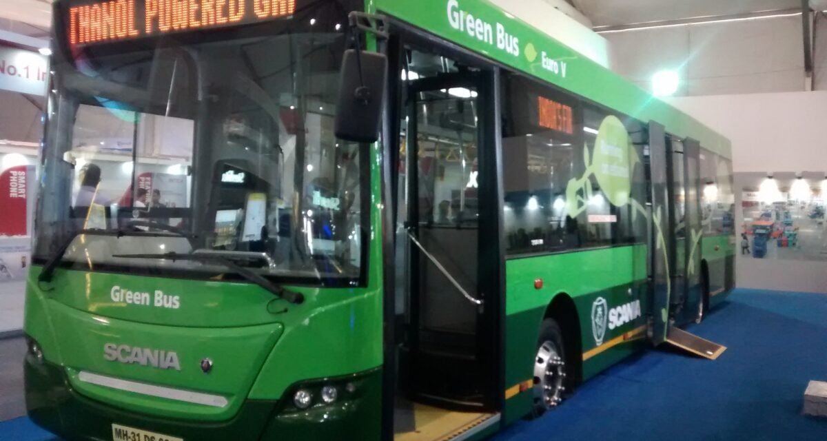 An NMPL ethanol-fuelled city bus in Nagpur, similar to those used in the AI passenger-counting trial.