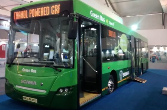 An NMPL ethanol-fuelled city bus in Nagpur, similar to those used in the AI passenger-counting trial.
